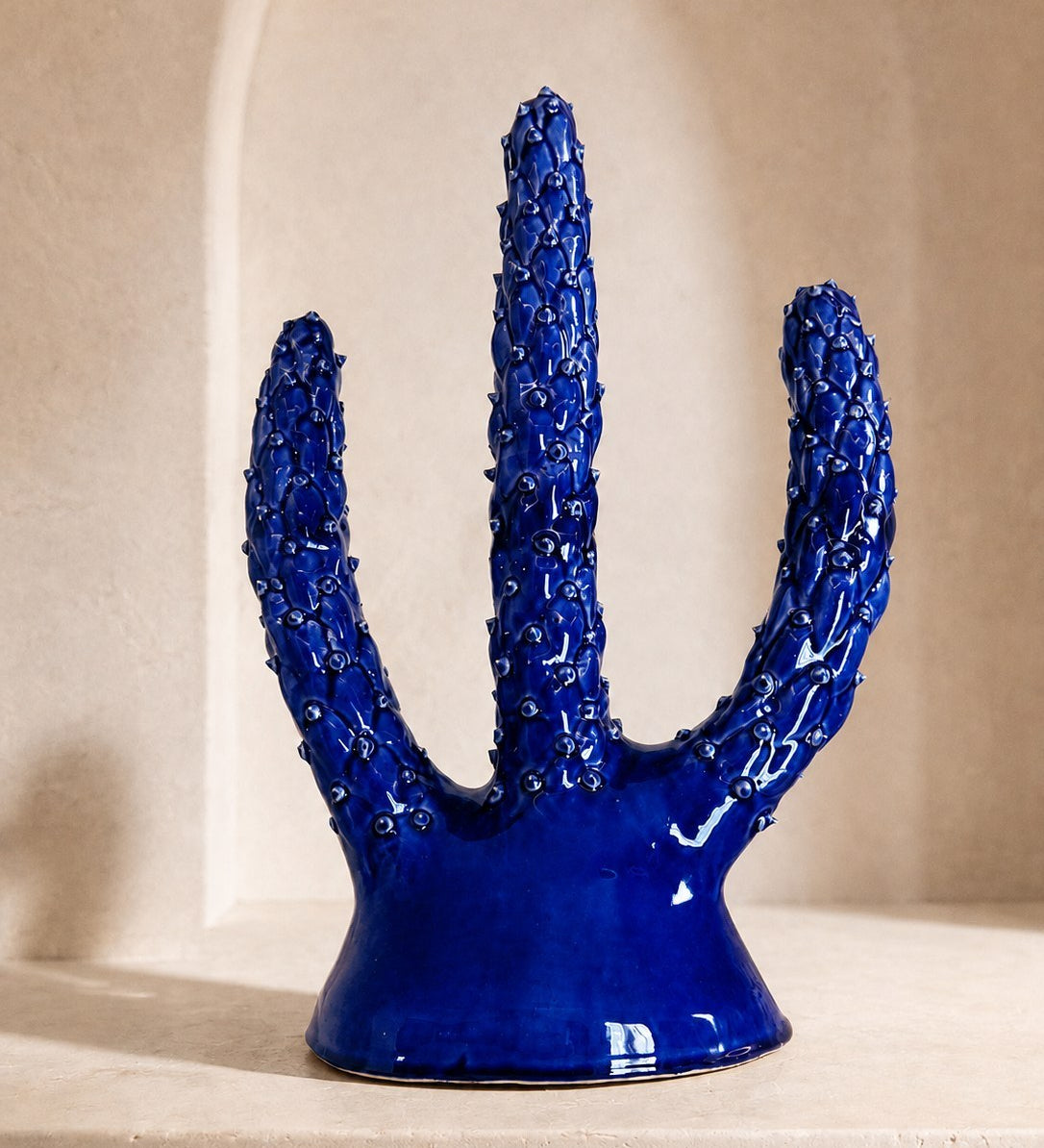 DRÂA, cactus en céramique émaillée bleu cobalt, poterie de Tamegroute