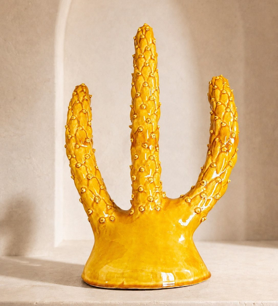 DRÂA, cactus en céramique émaillée jaune ambré, poterie de Tamegroute